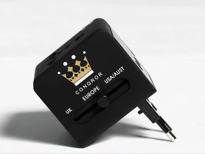 Travel adapter showing various socket configurations and USB ports - Chargimundo