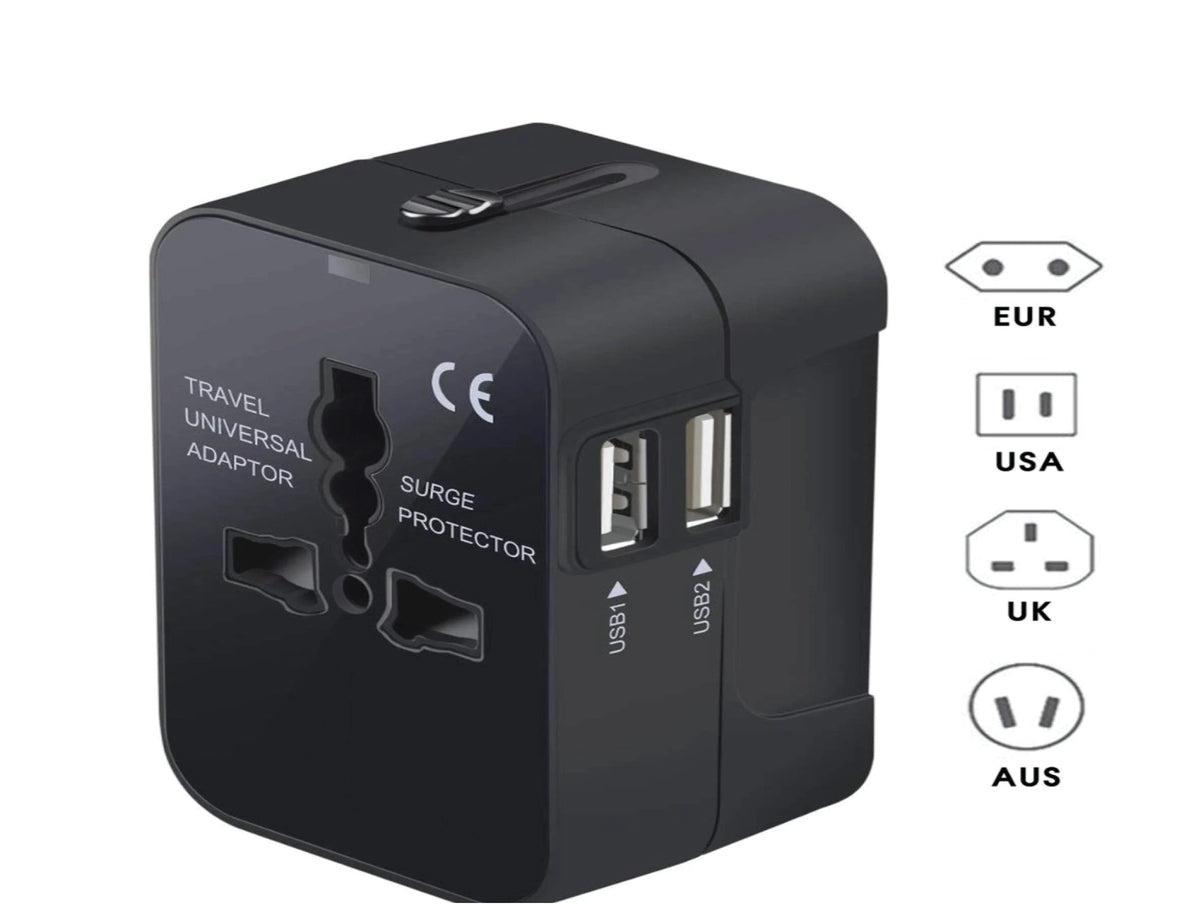 Universal travel adapter featuring multiple country options in black - Chargimundo